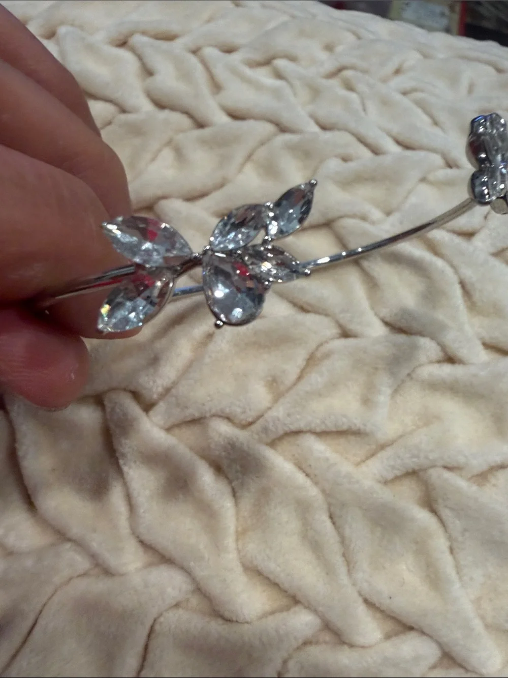 Open Cuff Bracelet with Clear Crystal Flower Accents - Silver Tone